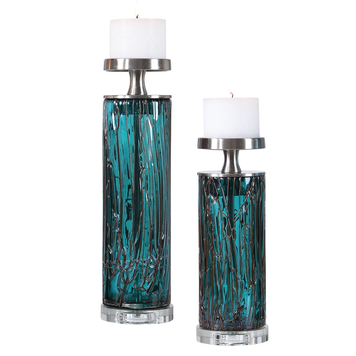 Almanzora Teal Glass Candleholders (Set of 2) Blue & Pearl Silver
