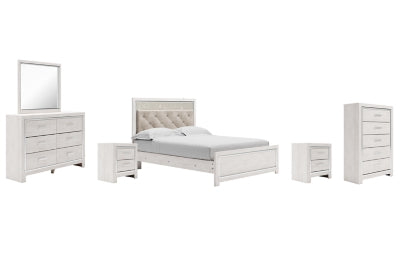 Altyra Queen Upholstered Panel Bed, Dresser, Mirror, Chest and 2 Nightstands