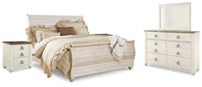 Willowton King Sleigh Bed, Dresser, Mirror and 2 Nightstands