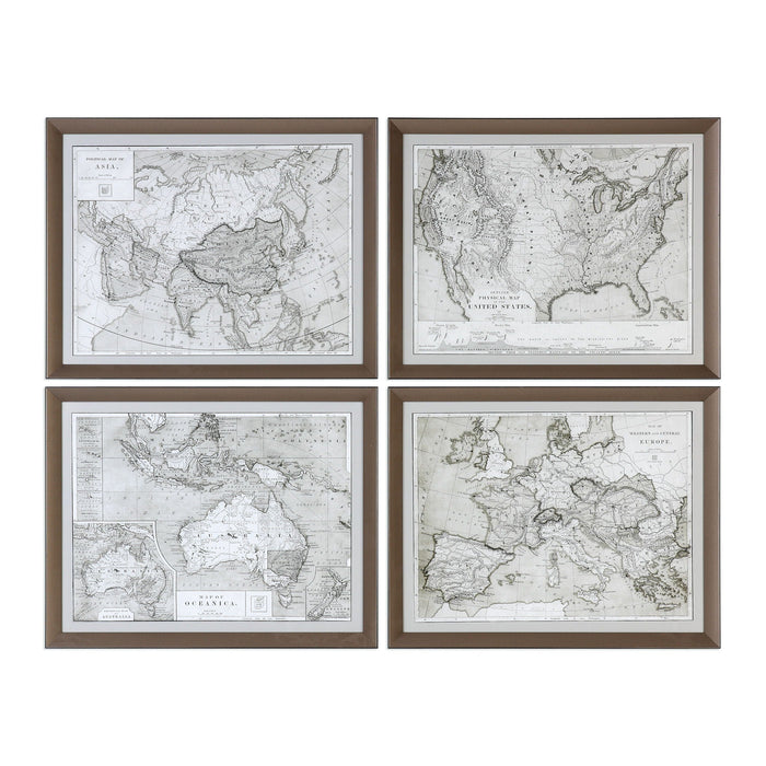 World Maps Framed Prints (Set of 4) Pearl Silver