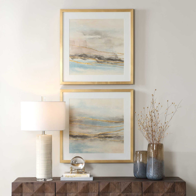 So Golden - Abstract Landscape Prints (Set of 2) - Black / Blue / Brass / Gold / Gray / Pink / White