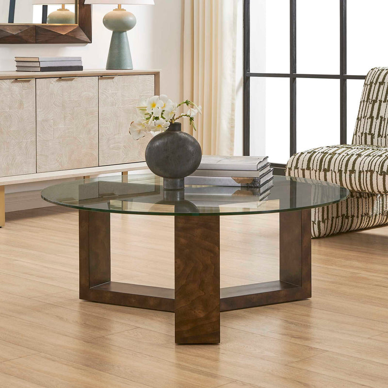 Ignis - Round Glass Coffee Table - Brown / Woodtone