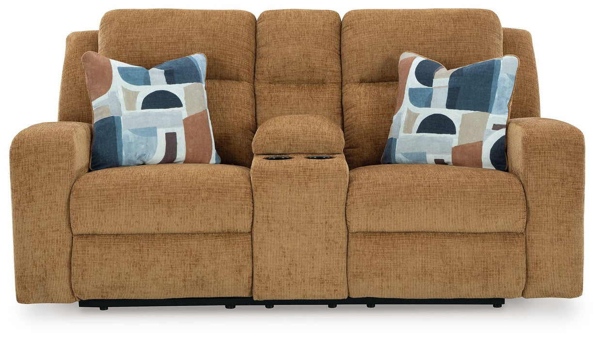 Kanlow - Dbl Reclining Loveseat With Console - Fabric - Honey