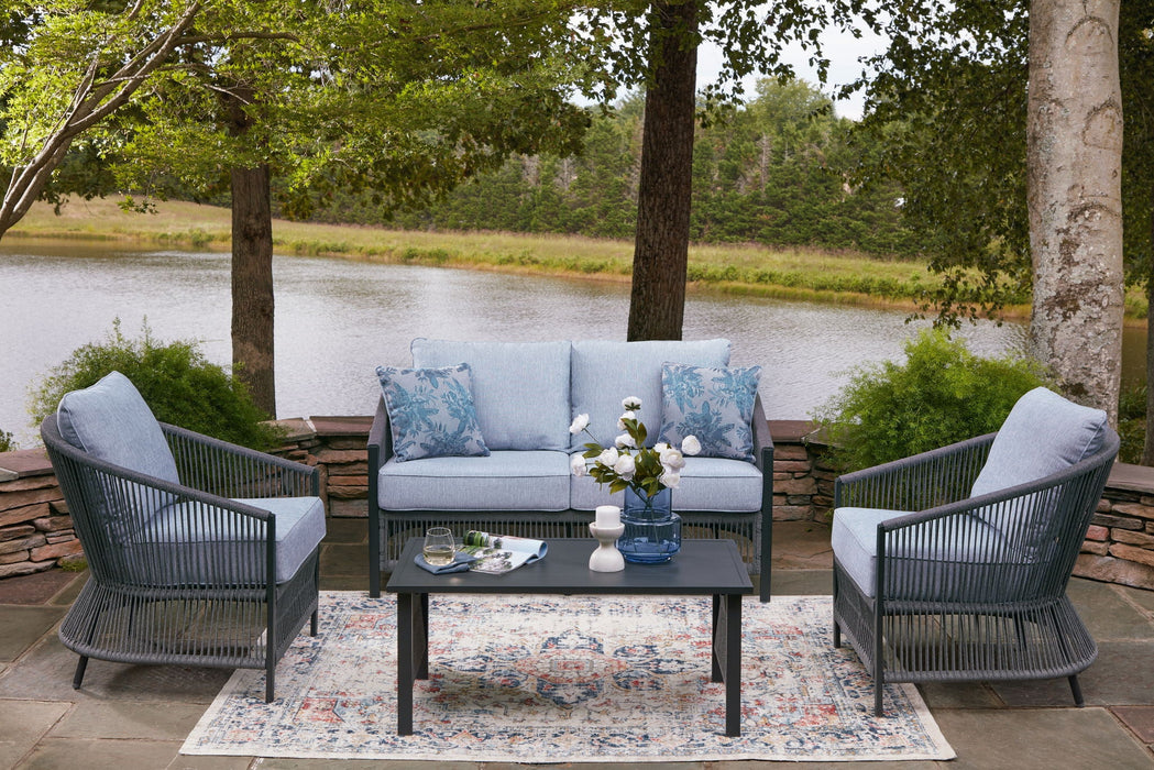 Bridges Beach - Loveseat, Lounge Chairs, Table Set (Set of 4) - Gray