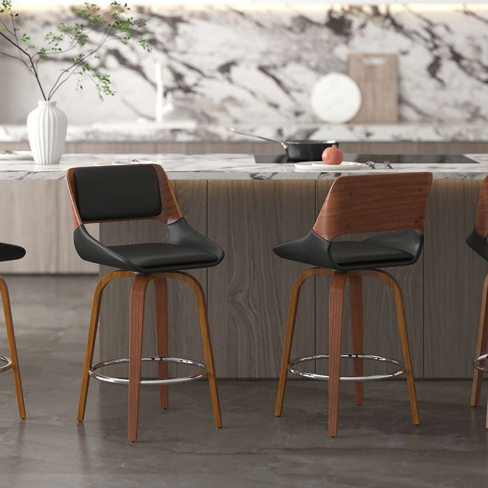 Hudson 26" Counter Stool with Swivel in Black Faux Leather and Walnut