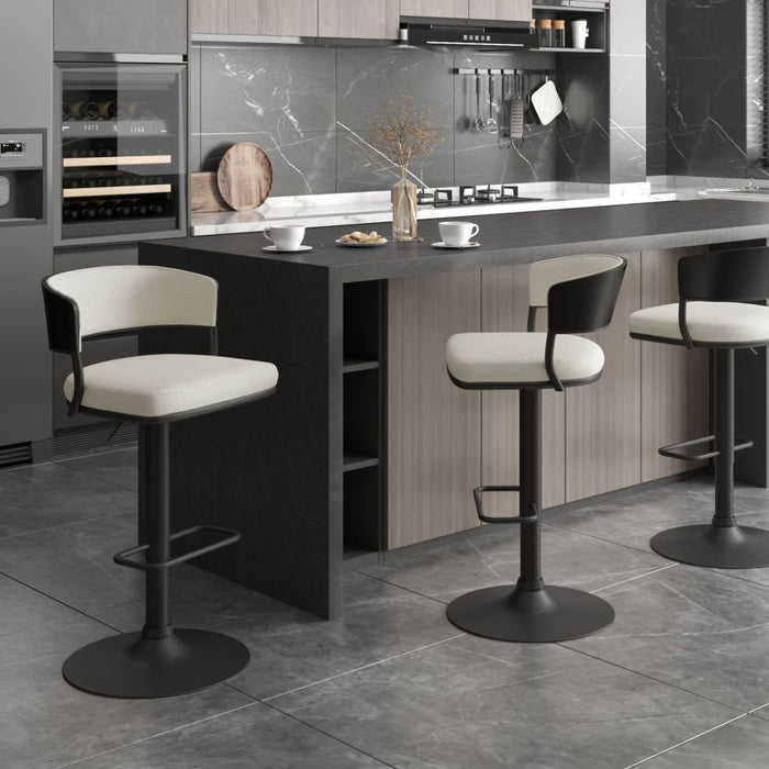 Kazan Adjustable Air-Lift Stool, Set of 2 in Ivory Performance Fabric & Black Metal