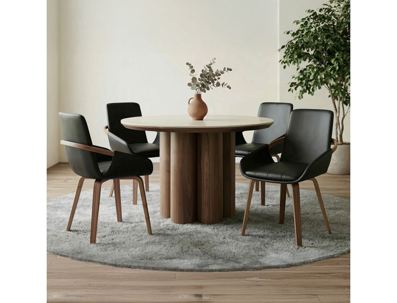 Seaton and Caspian 5pc Dining Set - Walnut and Travertine Table and Black and Walnut Chairs