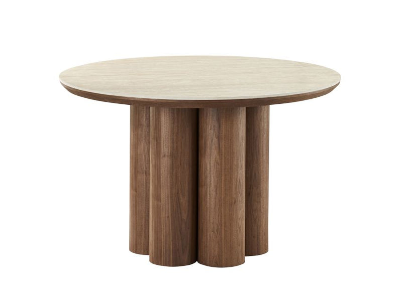 Seaton and Amara 5pc Dining Set - Walnut and Travertine Table and Beige Chairs