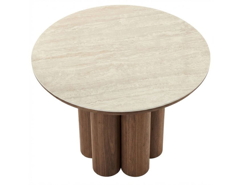 Seaton and Caspian 5pc Dining Set - Walnut and Travertine Table and Black and Walnut Chairs