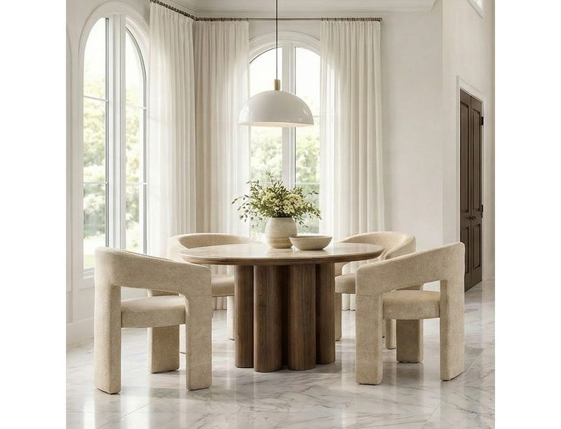 Seaton and Amara 5pc Dining Set - Walnut and Travertine Table and Beige Chairs