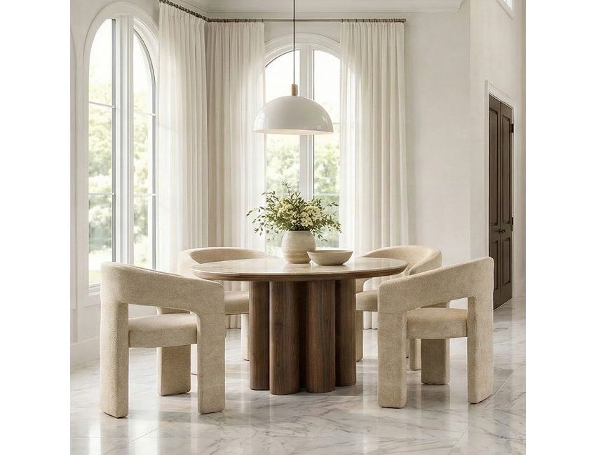 Seaton and Amara 5pc Dining Set - Walnut and Travertine Table and Beige Chairs