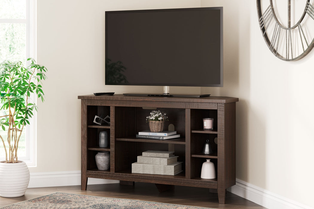 Camiburg Warm Brown Corner TV Stand/Fireplace Opt