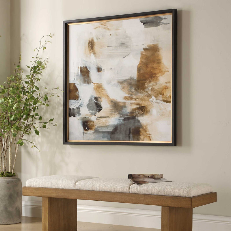 Ancient Story - Framed Abstract Print - Black / Blue / Brass / Gold / Gray / Orange / White / Yellow