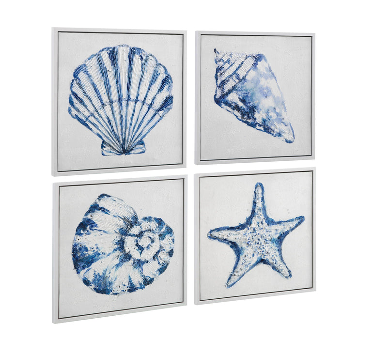 Shells Framed Canvas (Set of 4) - Blue / White