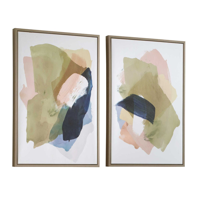 Abstract Afternoon - Framed Canvases (Set of 2) - Blue / Green / Pink / White / Woodtone / Yellow