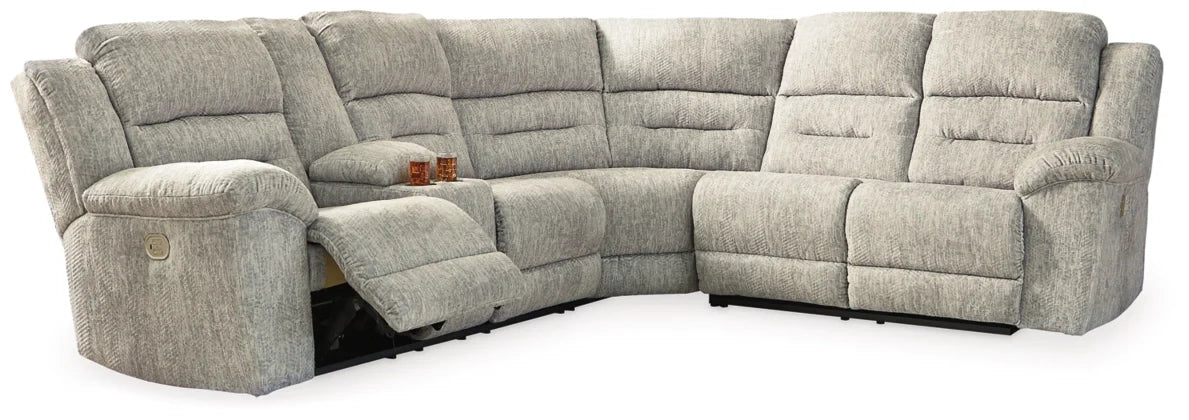Family Den 3 Piece Power Reclining Sectional - Pewter / Left Facing Loveseat with Console