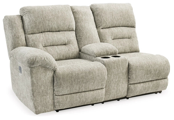 Family Den 3 Piece Power Reclining Sectional - Pewter / Left Facing Loveseat with Console