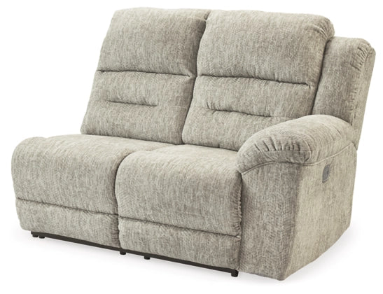 Family Den 3 Piece Power Reclining Sectional - Pewter / Left Facing Loveseat with Console
