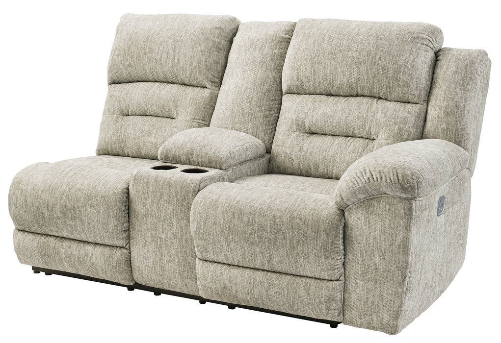 Family Den 3 Piece Power Reclining Sectional - Pewter / Right Facing Loveseat with Console