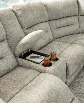 Family Den 3 Piece Power Reclining Sectional - Pewter / Left Facing Loveseat with Console