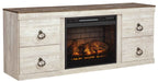 Willowton - 2 Pc. - TV Stand With Faux Firebrick Fireplace Insert - Whitewash