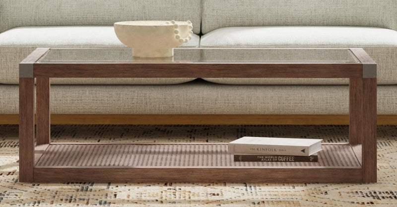 Calum - Cocktail Table - Driftwood Gray / Cane / Brushed Nickel