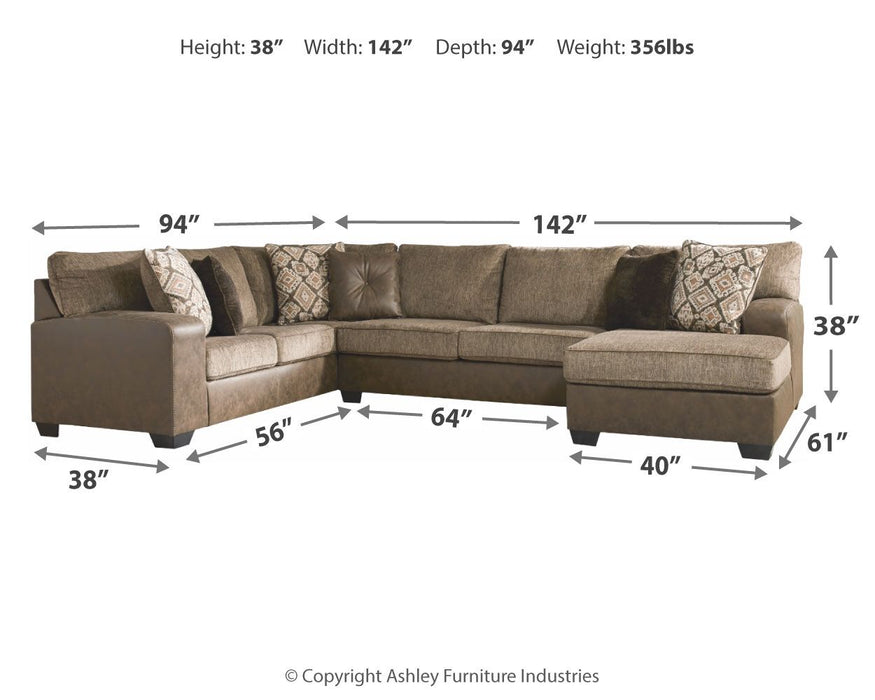 Abalone Chocolate Right Hnad Facing Chaise 3 Pc Sectional