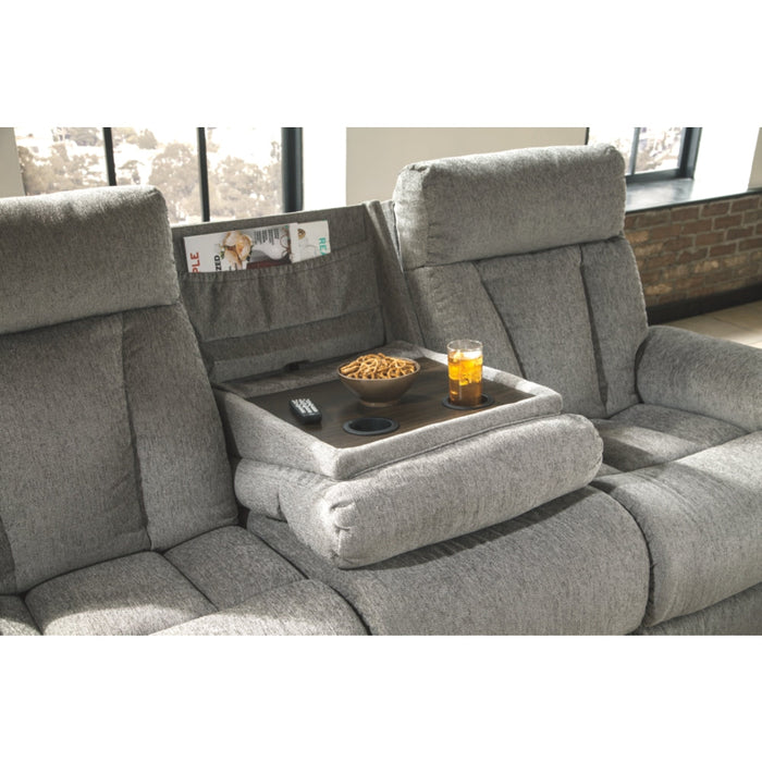 Mitchiner Sofa w/Drop Down Table & Loveseat with console - Fog - Furniture Depot