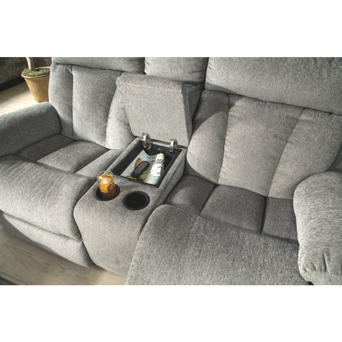 Mitchiner Sofa w/Drop Down Table & Loveseat with console - Fog - Furniture Depot