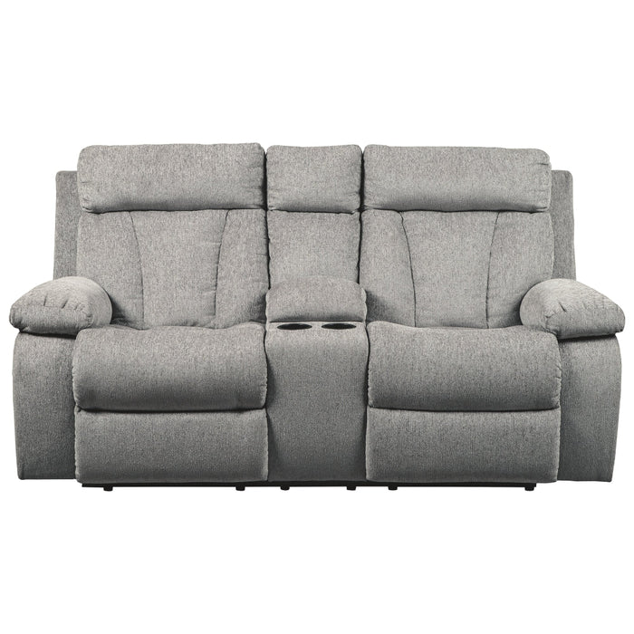 Mitchiner Sofa w/Drop Down Table & Loveseat with console - Fog - Furniture Depot