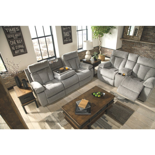 Mitchiner Sofa w/Drop Down Table & Loveseat with console - Fog - Furniture Depot