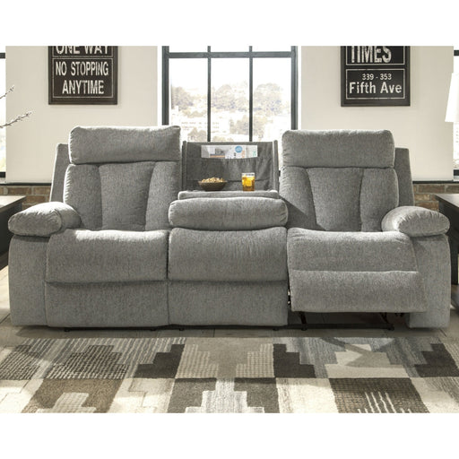 Mitchiner Sofa w/Drop Down Table & Loveseat with console - Fog - Furniture Depot