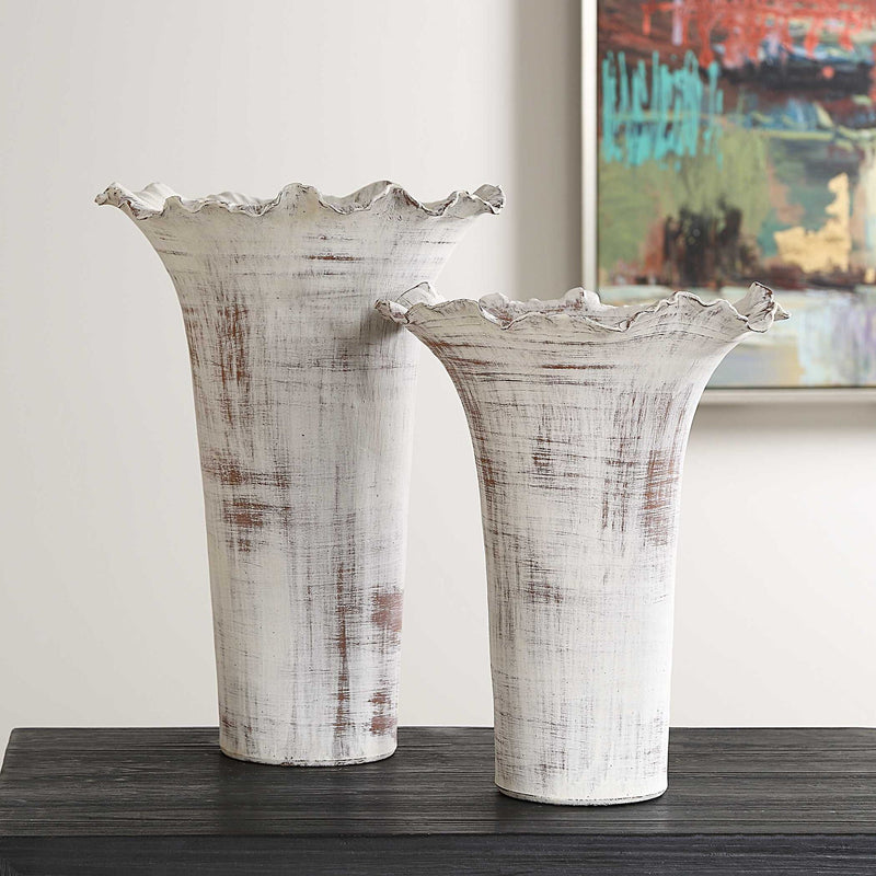 Ruffled Petal - White Vases (Set of 2)