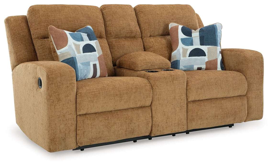 Kanlow - Dbl Reclining Loveseat With Console - Fabric - Honey