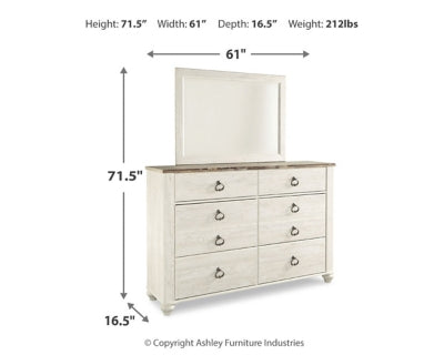 Willowton Full Panel Bed, Dresser, Mirror, 2 Chests and nightstand