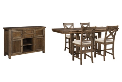 Moriville Counter Height Dining Table, 4 Barstools and Server