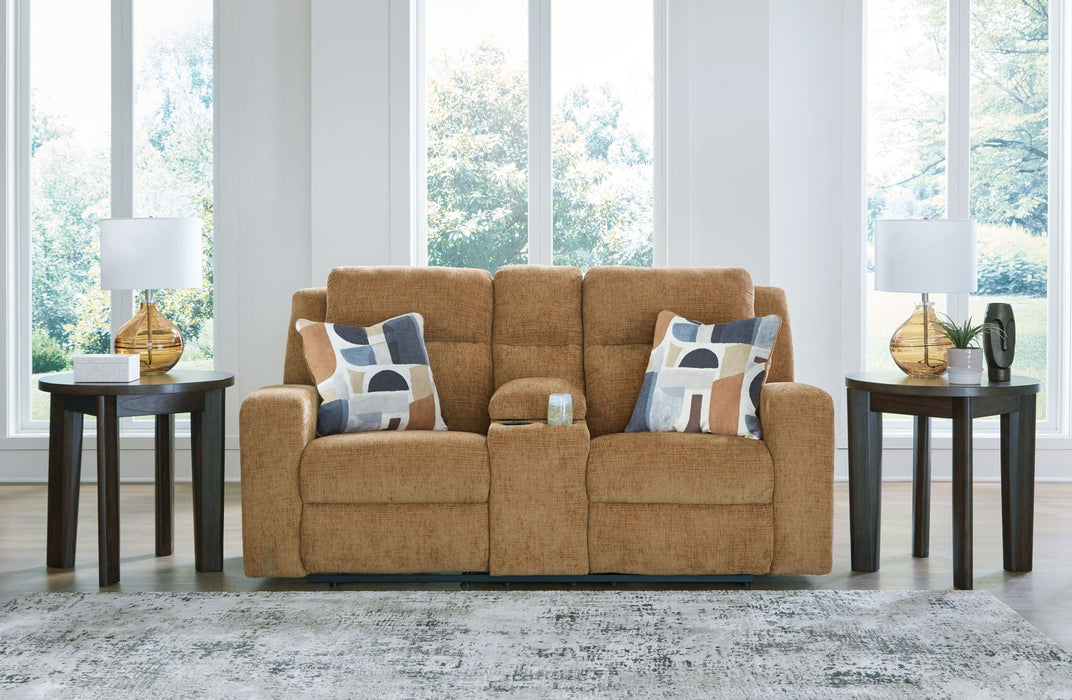 Kanlow - Dbl Reclining Loveseat With Console - Fabric - Honey