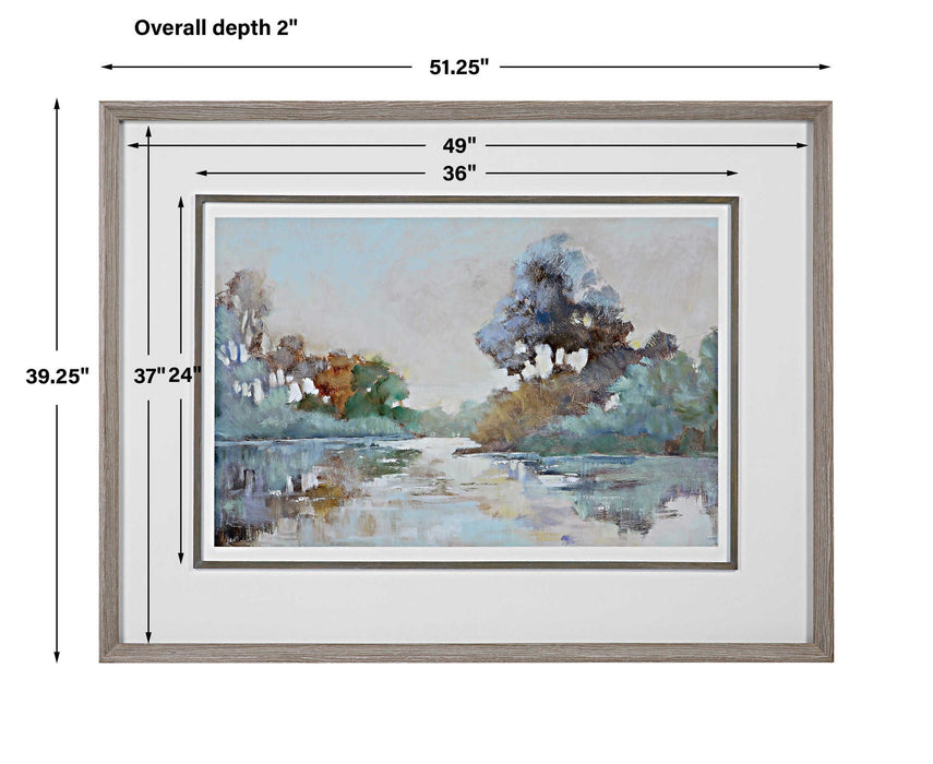 Morning Lake - Watercolor Framed Print - Blue