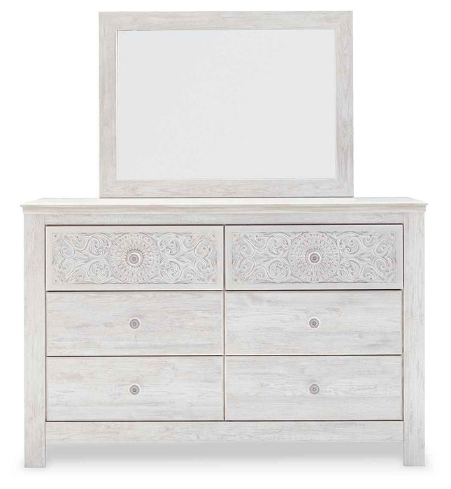 Paxberry - Dresser, Mirror - Medallion Drawer Pulls - Whitewash