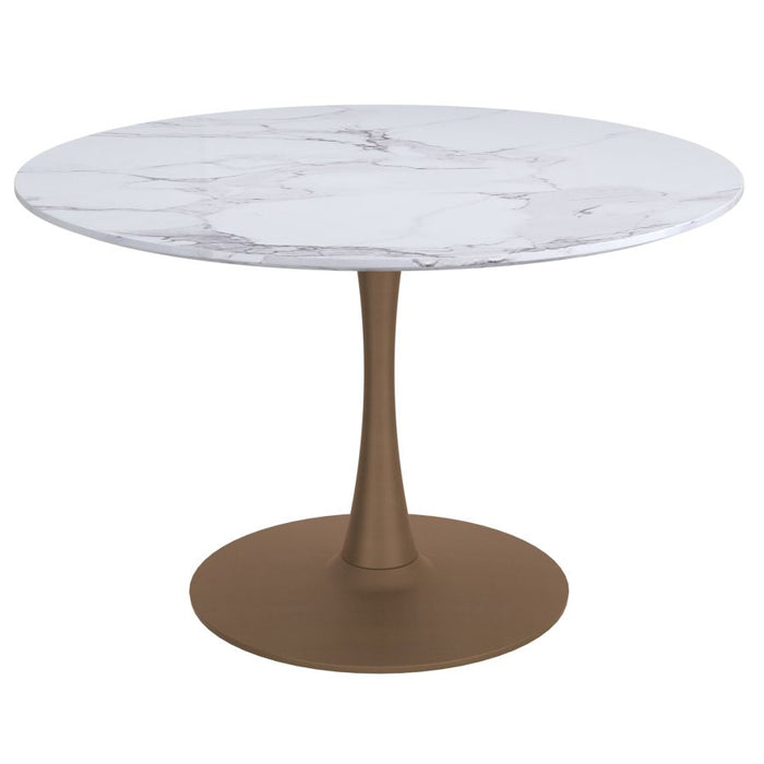 Zilo 40" Round Dining Table in White Faux Marble and Aged Gold
