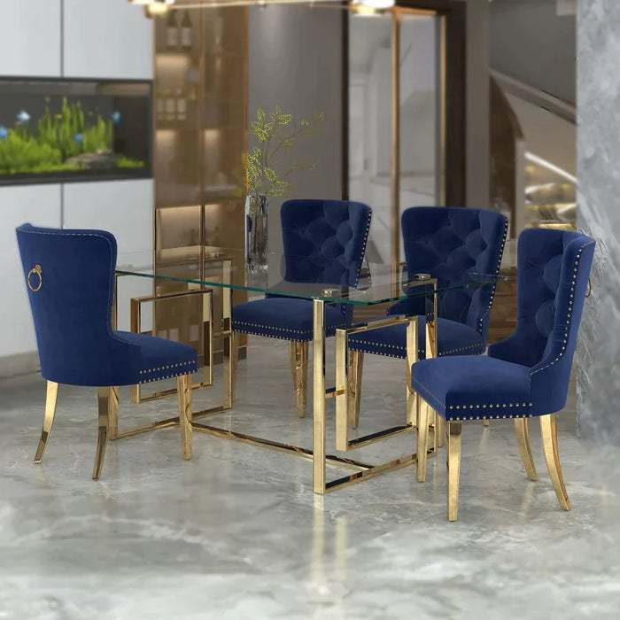 Eros/Mizal 5pc Dining Set in Gold with Navy Chair - Furniture Depot