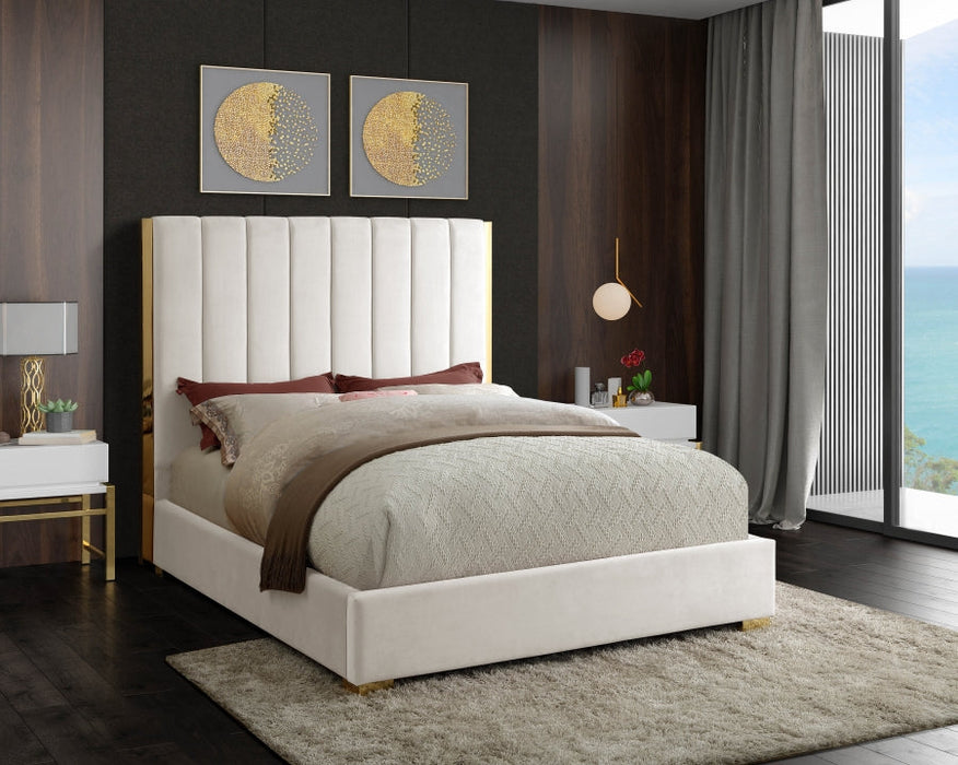 Beverly Queen Cream Velvet Bed - Sterling House Interiors