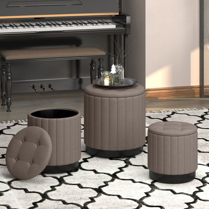 Lexi 3pc Round Storage Ottoman Set in Warm Grey and Black