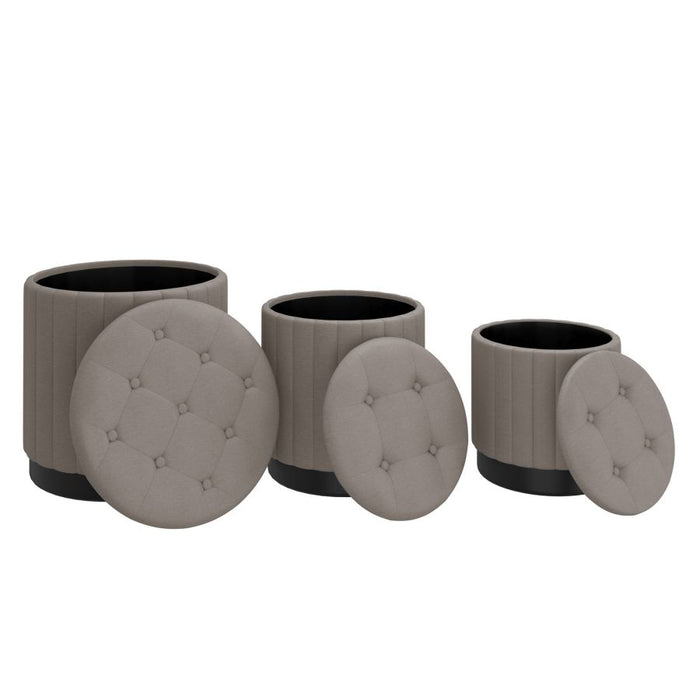 Lexi 3pc Round Storage Ottoman Set in Warm Grey and Black