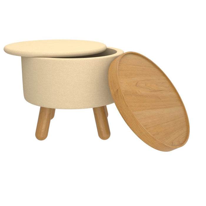 Betsy Round Storage Ottoman with Tray in Beige and Natural