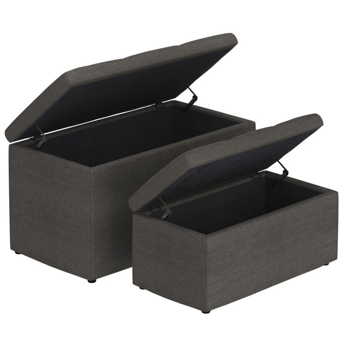 Levi 2pc Rectangular Storage Ottoman Bench Set in Charcoal Fabric