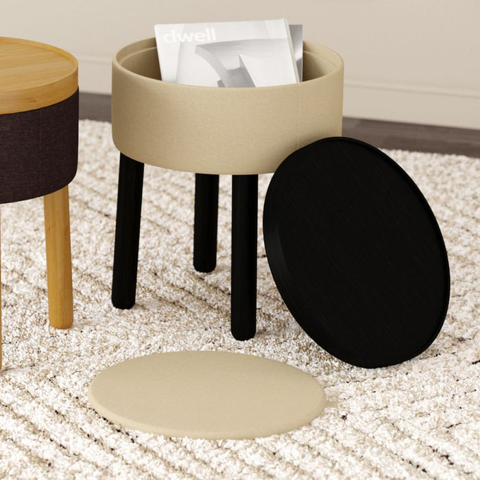 Polly Round Storage Ottoman with Tray in Beige and Black