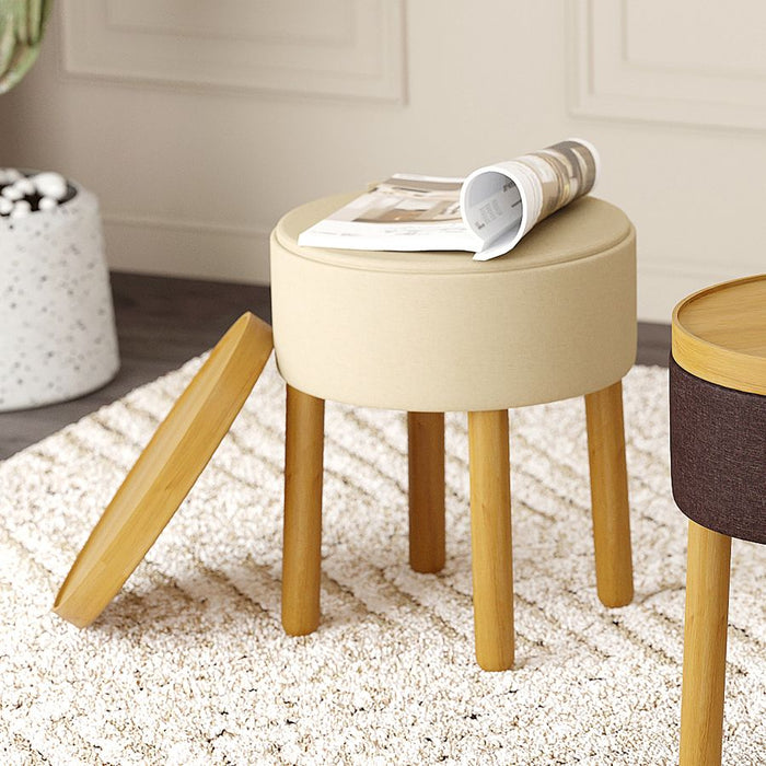 Polly Round Storage Ottoman with Tray in Beige and Natural