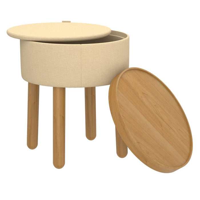 Polly Round Storage Ottoman with Tray in Beige and Natural