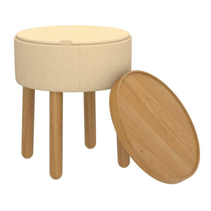 Polly Round Storage Ottoman with Tray in Beige and Natural